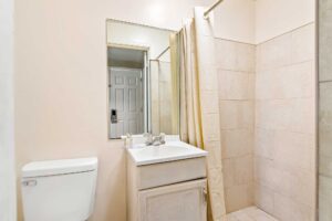 Shower with shower curtain, vanity unit, mirror, toilet